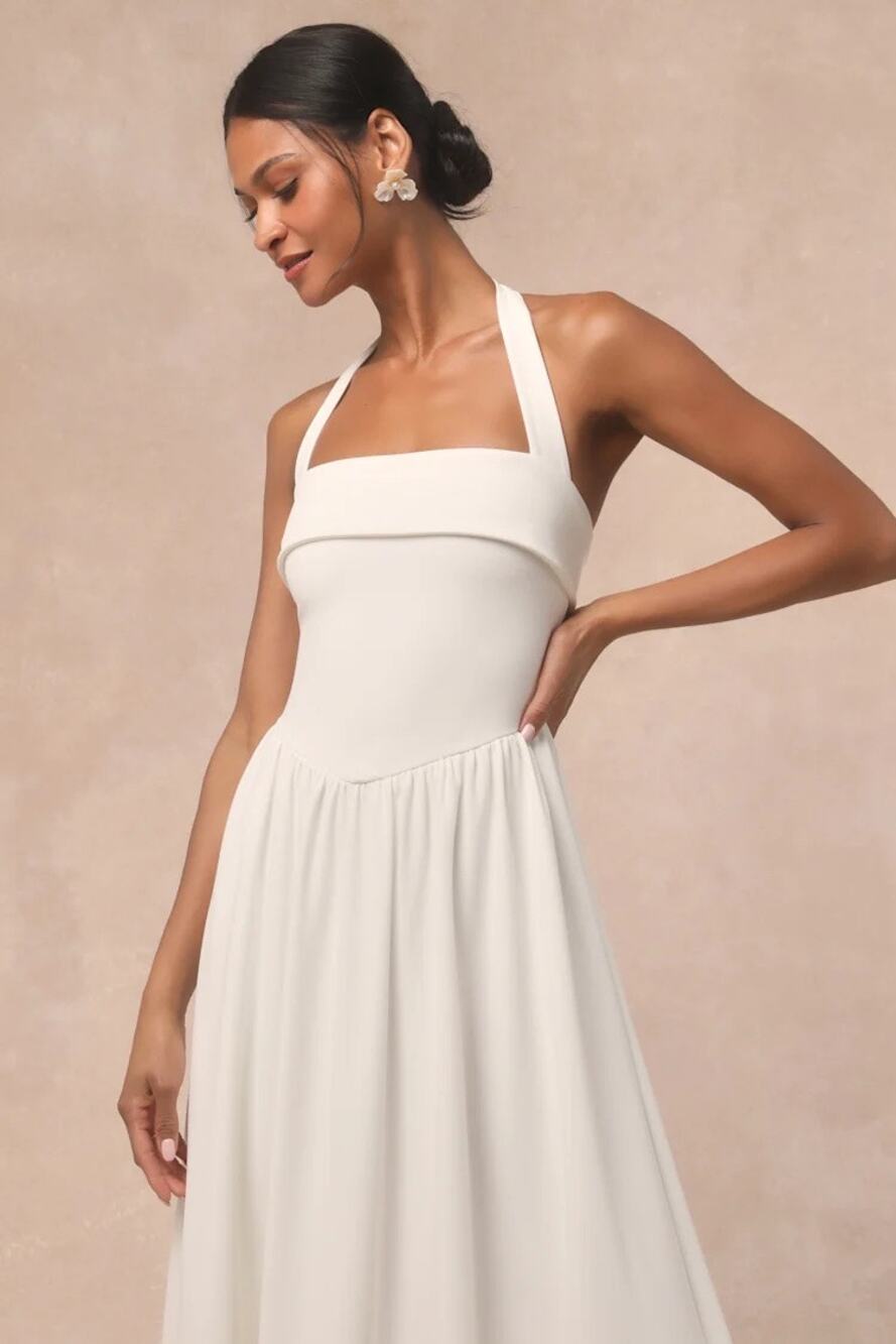 Lulus Telia White Halter Basque Waist Maxi Dress Size Small